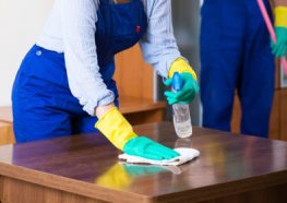 Young man and woman in overalls cleaning and dusting